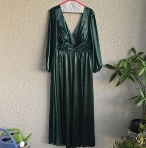 JJs House Emerald Green Satin V-Neck Long Sleeve Gown